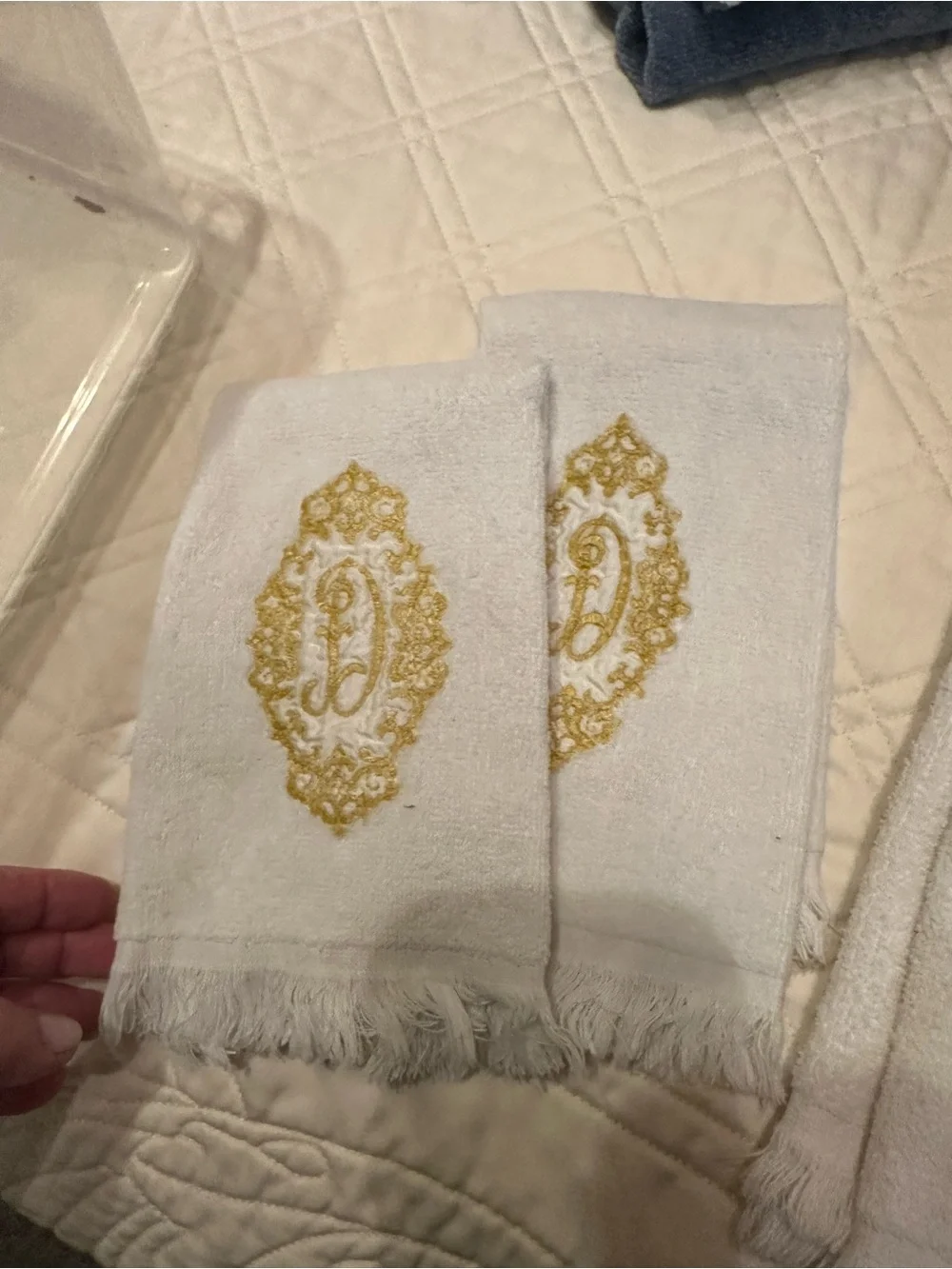 4 Luxury White Guest (2) and Hand (2) Towels with Gold Embroidered Medallion